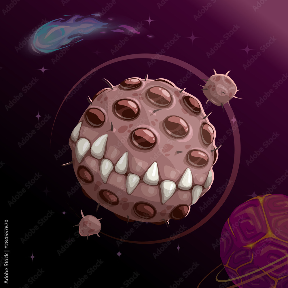 Canvas Prints cartoon creepy monster planet with spittle mouth and jaws on the dark space background.