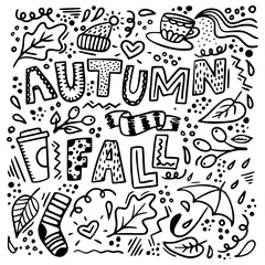 cute hand drawn illustration of fall/autumn elements, doodles, quotes.
