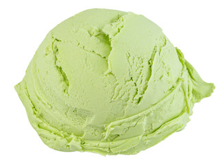 pistachio ice cream scoops side view on white background with clipping path