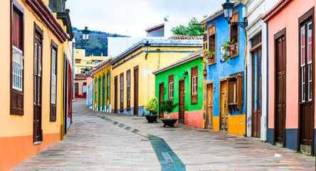 Beautiful colorful streets of old colonial town los Llanos di aridane in La Palma, Canary islands