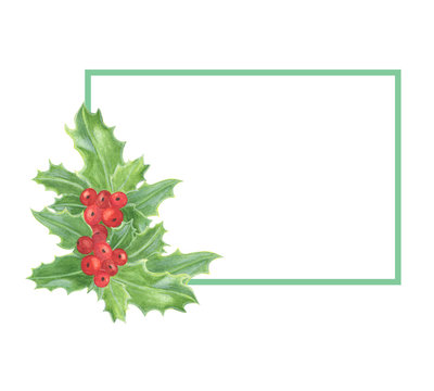 holly christmas plant rectangular frame, illustration for greeting cards, invitations and winter holiday decorations, floral arrangement