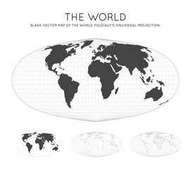 Map of The World. Foucaut's sinusoidal projection. Globe with latitude and longitude lines. World map on meridians and parallels background. Vector illustration.