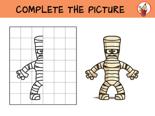 Complete the picture of a mummy. Copy the picture. Coloring book. Educational game for children. Cartoon vector illustration
