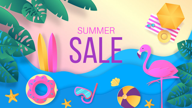 Summer sale paper cut. Travel and vacation discount banner with top view of sea tropical beach with waves and leaves. Vector sale poster with illustration flamingo and umbrella