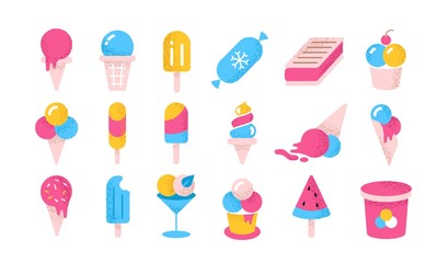 Ice cream flat icons. Cartoon frozen yoghurt and creams in cones cups and buckets. Vector illustration summer tasty cold soft vanilla dessert on white background