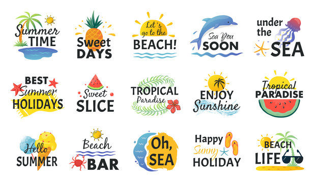 Beach hand drawn stickers. Summer vacation doodle labels, tropical travel logos and icons. Vector illustrations party card sketch set with refreshing fruits