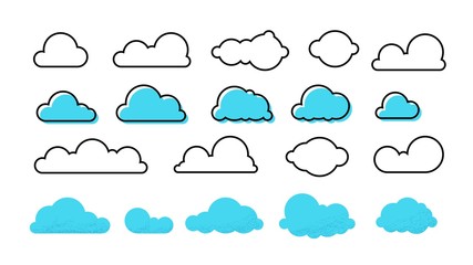 Clouds set. Trendy different flat clouds with grunge texture and outline blue shapes, modern meteorology symbols. Vector isolated symbol cloudscape heaven banners