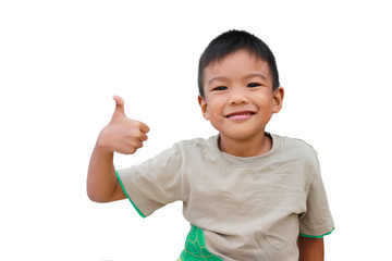 Happy Asian child boy showing thumbs up. On a white background.