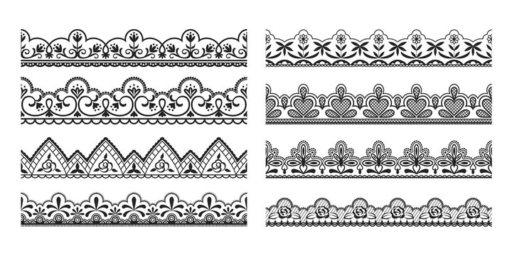 Lace borders. Seamless vintage decorative ribbons with ornamental and floral elements, cloth black tape pattern. Vector isolated illustration frill design set on white background