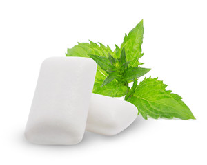 Fresh leaves mint with two chewing gum isolated on white background
