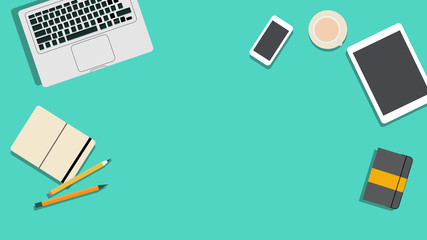 Top view of modern and stylish workplace. Wooden table, armchair, office supplies, monitor, books, notebook, 