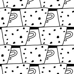 Black and white illustration of tea or coffee mugs. Seamless pattern for coloring book, page.