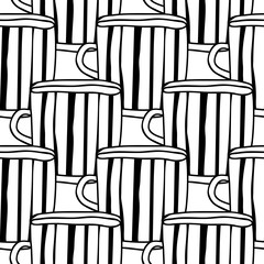 Black and white illustration of tea or coffee mugs. Seamless pattern for coloring book, page.