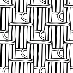 Wall murals Tea Black and white illustration of tea or coffee mugs. Seamless pattern for coloring book, page.