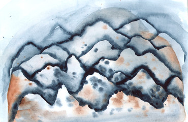 Hand-painted abstract artwork. Watercolor landscape painting colorful mountains and fog. White, blue and brown.