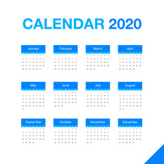 Minimalistic desk calendar 2020 year. Design of calendar with english name of months and day of weeks. Vector illustration isolated on white background