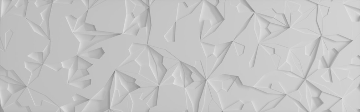 Banner illustration with Low poly ice block geometry, pure white, panoramic.