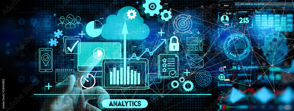 Aufkleber Hand touching Business data analytics process management with KPI financial charts and graph and automated marketing dashboard.