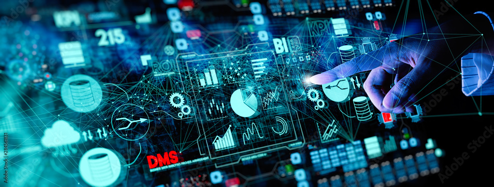 Poster Business data analytics process management with businesswoman hand touching connected gear cogs with KPI financial charts and graph and automated marketing dashboard.