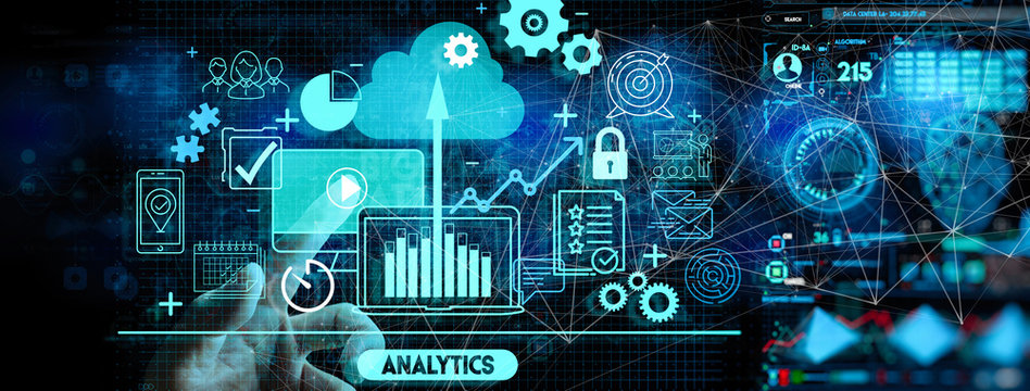 Hand touching Business data analytics process management with KPI financial charts and graph and automated marketing dashboard.