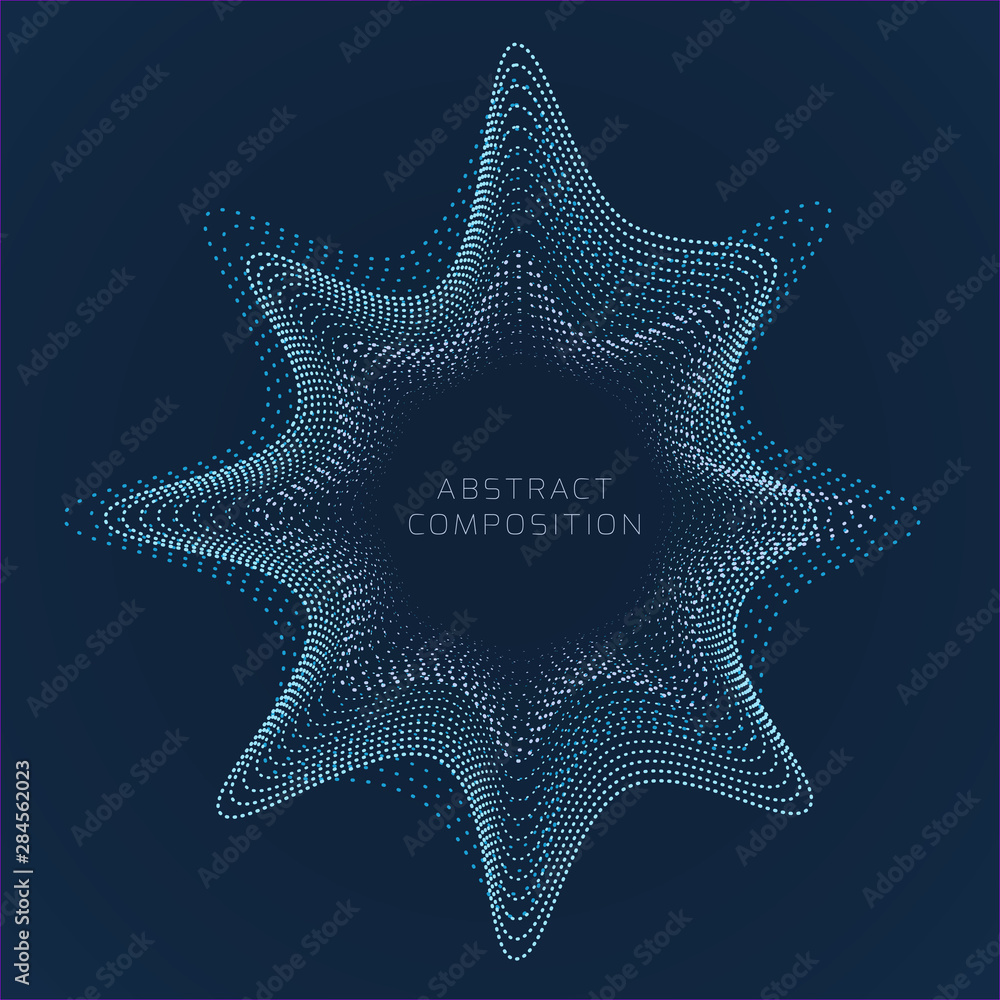 Poster star shape with blend effect curved dashed lines on dark background. abstract liquid splash. vector 