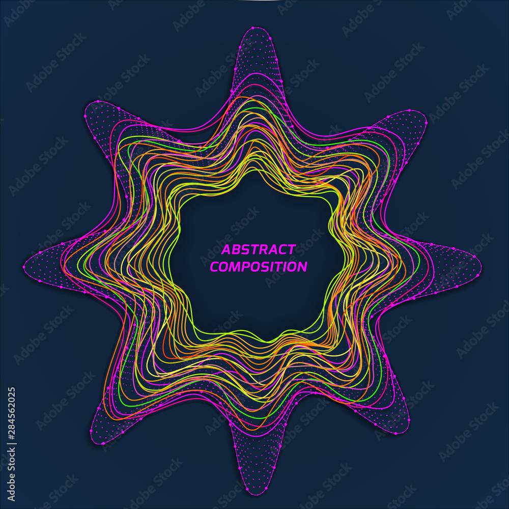 Poster star with many wavy diverging multicolored lines. abstract vector background.