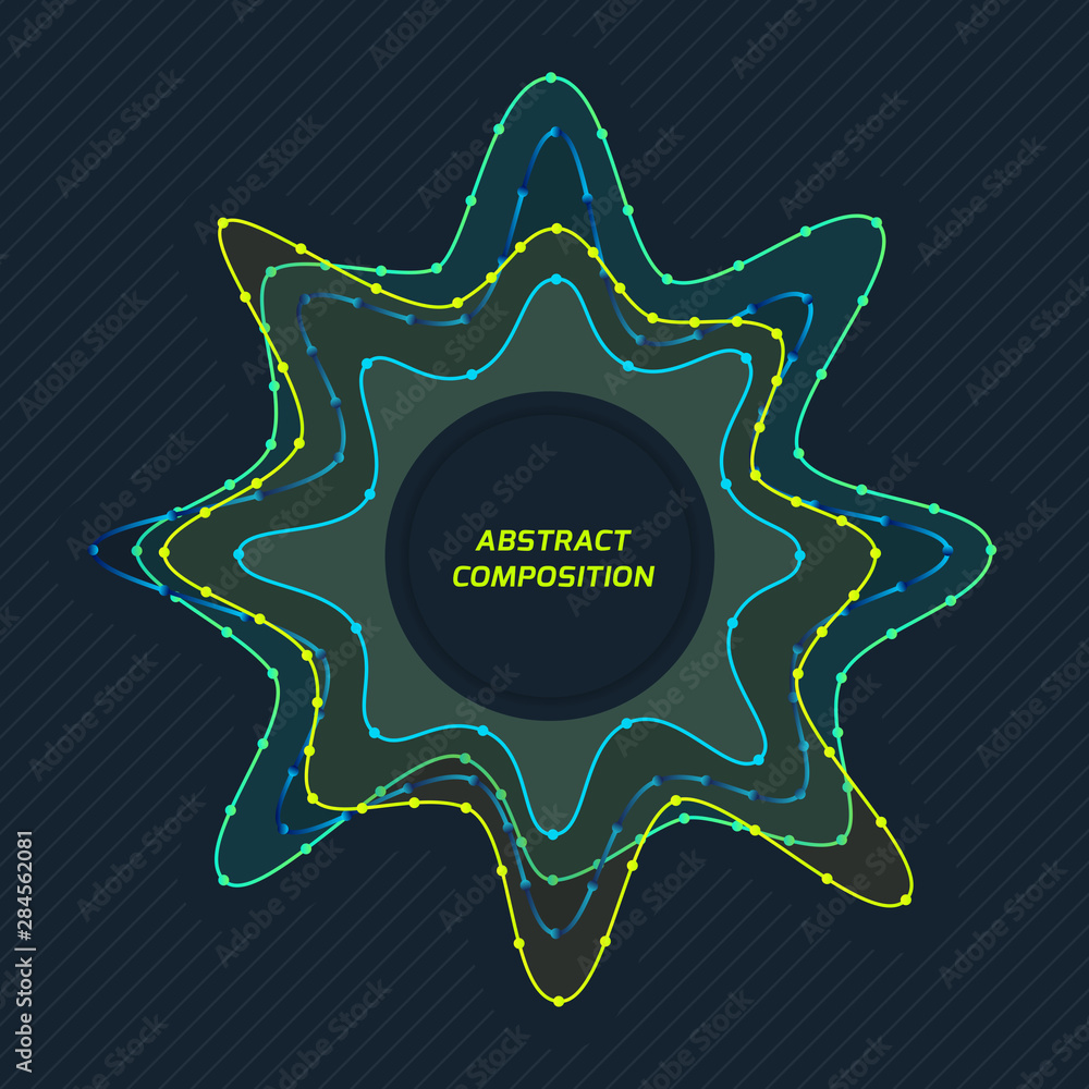 Poster star with wavy diverging multicolor lines. abstract vector background.