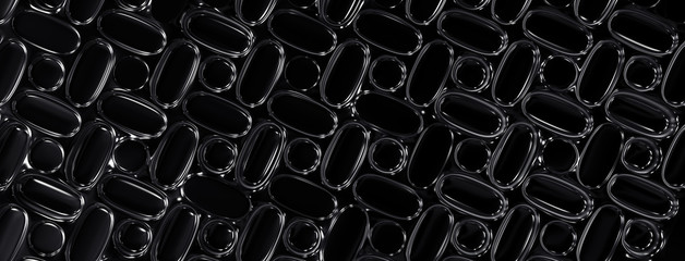 Naklejka premium Banner illustration with abstract 3d round shiny capsule pattern and reflective black plastic texture, panoramic.