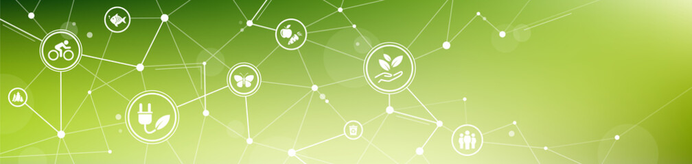 sustainability icon banner: environment, green energy, sustainable development – vector illustration