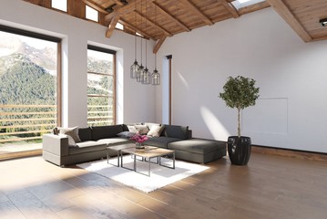 Spacious modern living room with wooden ceiling - obrazy, fototapety, plakaty