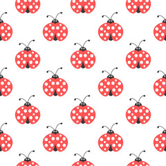 Seamless background. Flying Ladybugs on white. Bright summer vector