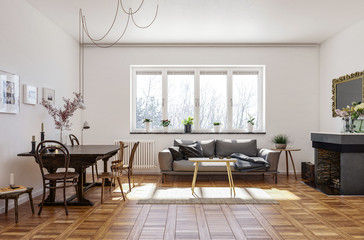 Spacious living room with vintage style floor