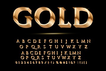 Golden glossy vector font or gold alphabet. Yellow metal typeface. Metallic golden abc, alphabet typographic luxury illustration