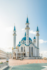 Muslim mosque Kul-Sharif in Kazan against the blue sky and clouds.