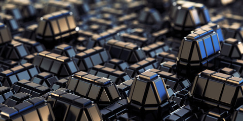 Abstract Geometric city background with reflective cubic metal tiles pattern and bokey, close-up view.