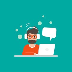 freelancer in glasses on computer with speech bubble. flat vector cartoon illustration on turquoise background.