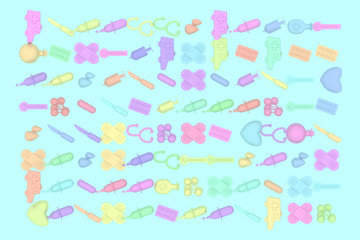 Collection of icons style of hospital or medical care. Sign or symbols design of Medicine and Health Care. 3D rendering.