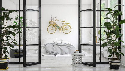 Eclectic modern bedroom with wall mounted bicycle
