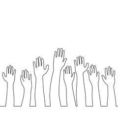 Hands up one line drawing on white isolated background. Vector illustration