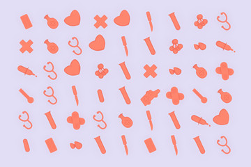 Collection of icons style of hospital or medical care. Sign or symbols design of Medicine and Health Care. 3D rendering.
