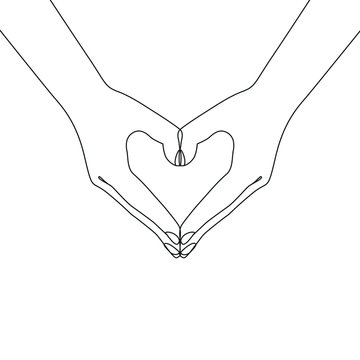 Heart shaped hands one line drawing on white isolated background. Vector illustration