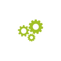 Gears icon isolated on white. Combination of three green pinions one behind other.