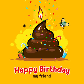 Happy Birthday Greeting Card. Cartoon pile of shit decorated with colored sweets and a candle. The concept of a crazy holiday, anniversary. Template for greeting card, brochure, or banner. Vector illu