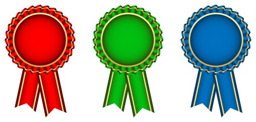 Ribbon in rot, grün und blau mit goldener Kontur als Vektor auf einem weißem isolierten Hintergrund.