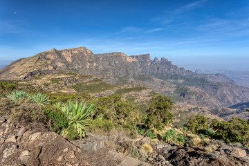Panorama of beautiful Semien or Simien Mountains National Park landscape in Northern Ethiopia near lalibela and Gondar. Africa wilderness