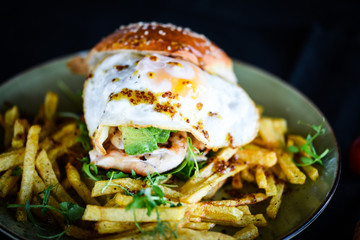 home made chicken burger with fried egg & french fries