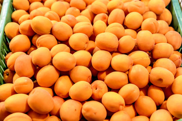 Large group fresh organic apricots available for sale at a street food market, natural orange background with soft focus