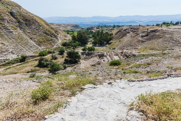 Fototapeta na wymiar Top view of the mountain valley near Pella (Tabaqat Fahl), Jordan