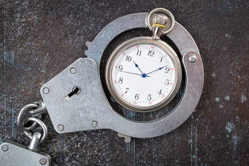 Closed handcuffs with pocket watch on grunge background closeup, top view