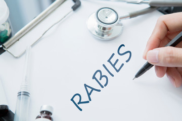 Doctor hands writing Rabies disease on the paper
